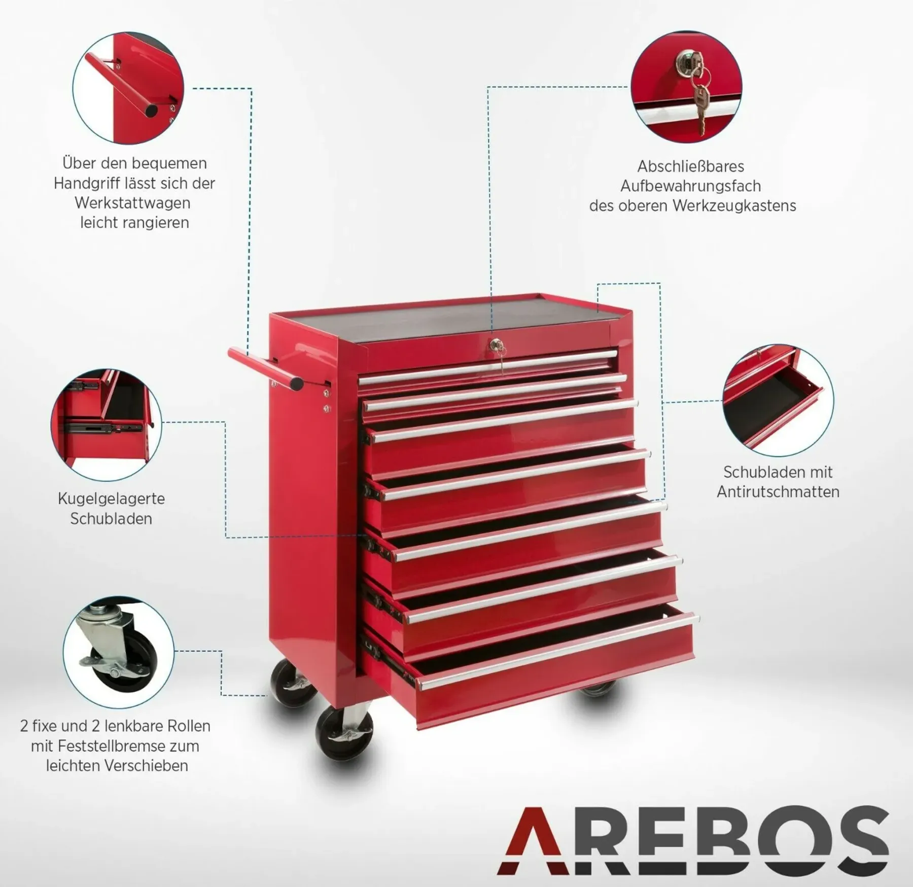 AREBOS Werkstattwagen 7 Schubladen | abschließbar, Antirutschmatten, Rot