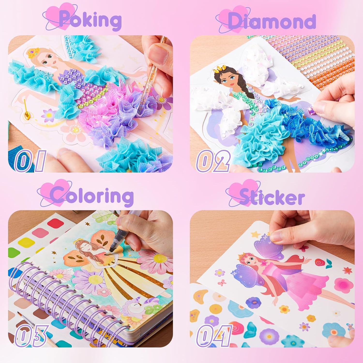 Jar Melo Poke-in 4-in-1 Diamond Painting Kits & Art Magic Princess Craft Kit Stuffers Watercolor DIY Gifts for Girls Handicraft Activities Back to School Embroidery Design Set