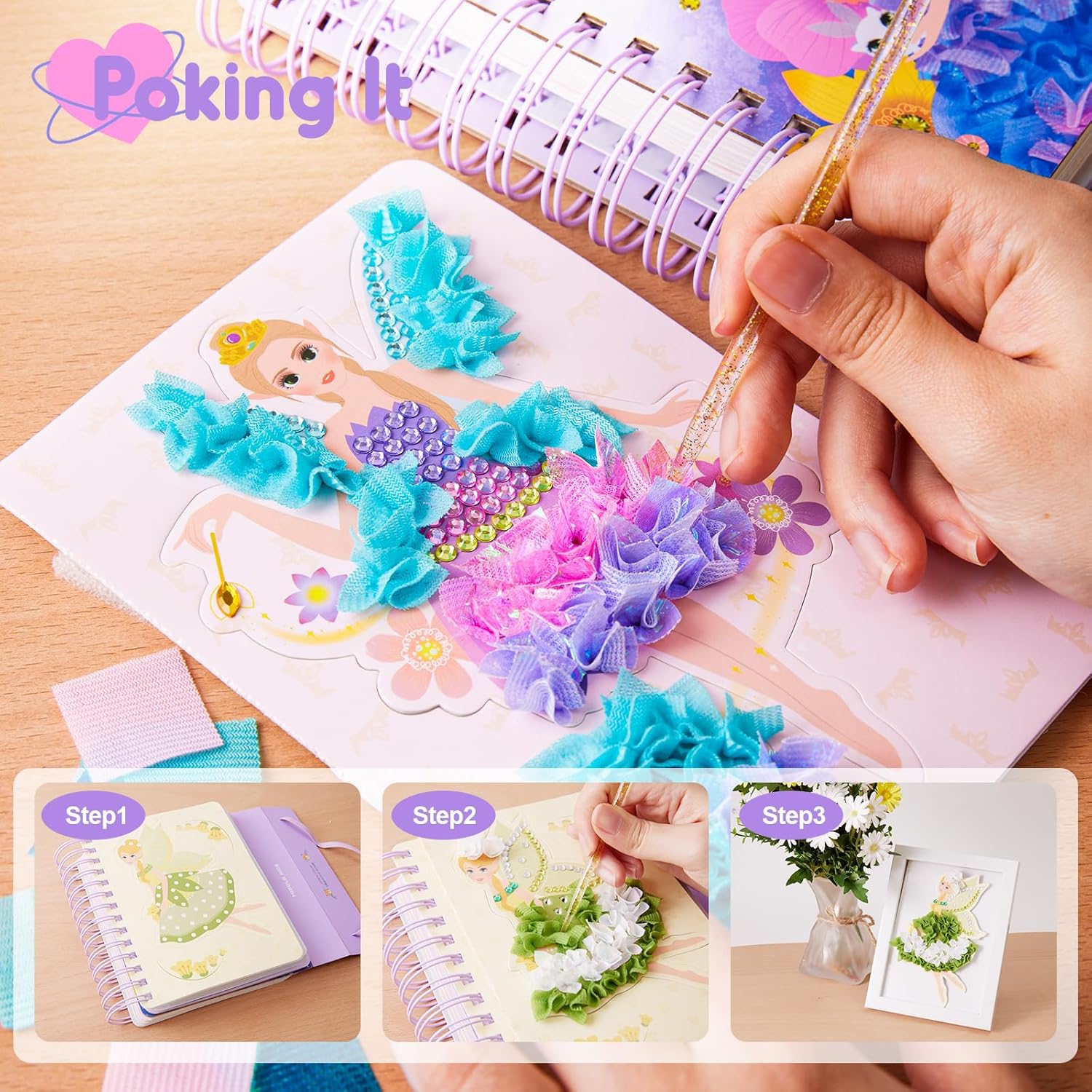Jar Melo Poke-in 4-in-1 Diamond Painting Kits & Art Magic Princess Craft Kit Stuffers Watercolor DIY Gifts for Girls Handicraft Activities Back to School Embroidery Design Set