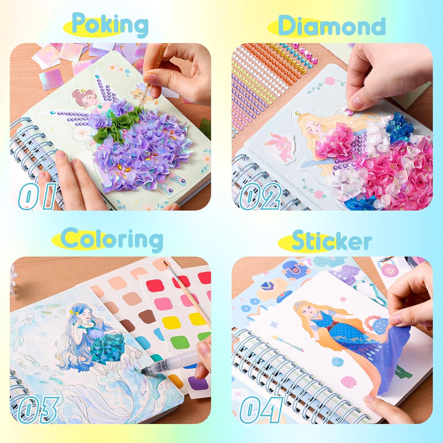 Jar Melo Poke-in 4-in-1 Diamond Painting Kits & Art Magic Princess Craft Kit Stuffers Watercolor DIY Gifts for Girls Handicraft Activities Back to School Embroidery Design Set