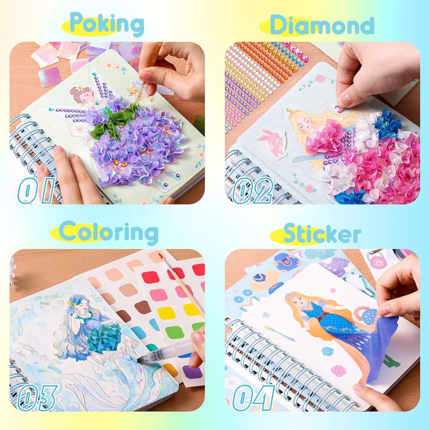 Jar Melo Poke-in 4-in-1 Diamond Painting Kits & Art Magic Princess Craft Kit Stuffers Watercolor DIY Gifts for Girls Handicraft Activities Back to School Embroidery Design Set