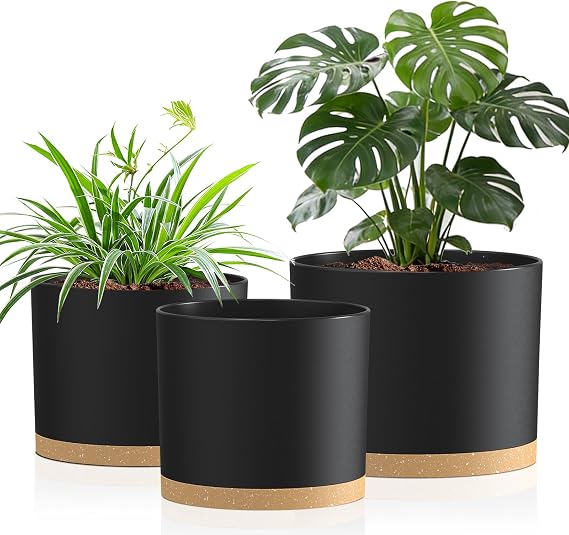 10/9/8 Inch Plastic Plant Pots Set of 3 with Saucers & Drainage Holes | Modern Cylindrical Planters with Matte Surface, Lightweight Durable Containers for Indoor and Outdoor Plants