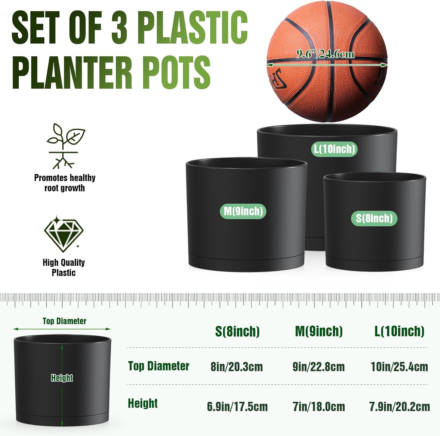 10/9/8 Inch Plastic Plant Pots Set of 3 with Saucers & Drainage Holes | Modern Cylindrical Planters with Matte Surface, Lightweight Durable Containers for Indoor and Outdoor Plants