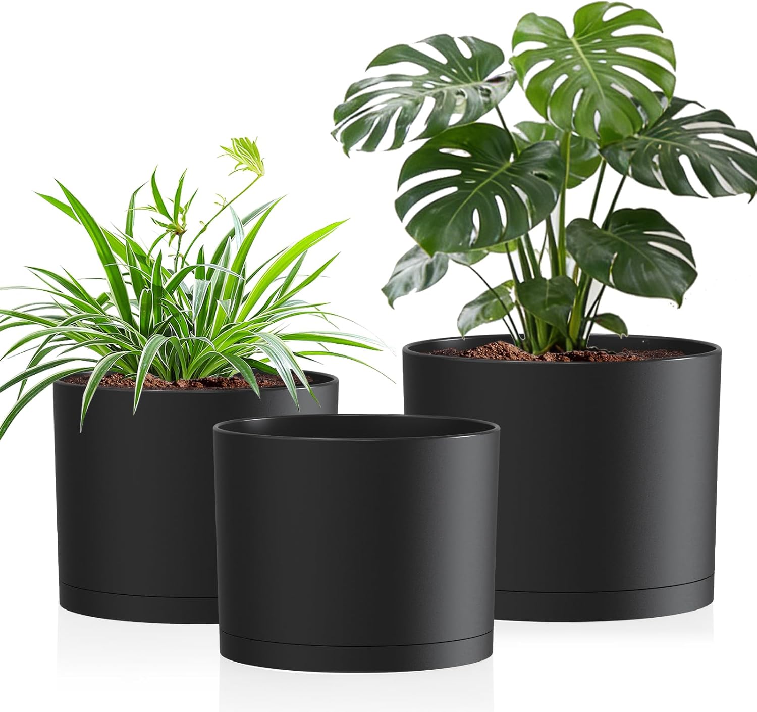 10/9/8 Inch Plastic Plant Pots Set of 3 with Saucers & Drainage Holes | Modern Cylindrical Planters with Matte Surface, Lightweight Durable Containers for Indoor and Outdoor Plants