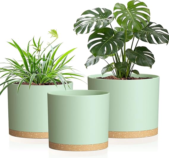 10/9/8 Inch Plastic Plant Pots Set of 3 with Saucers & Drainage Holes | Modern Cylindrical Planters with Matte Surface, Lightweight Durable Containers for Indoor and Outdoor Plants