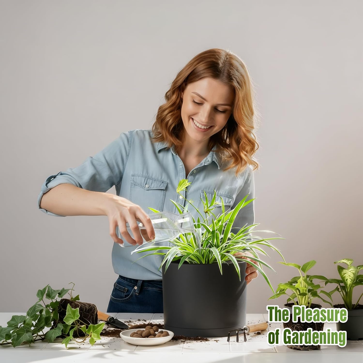 10/9/8 Inch Plastic Plant Pots Set of 3 with Saucers & Drainage Holes | Modern Cylindrical Planters with Matte Surface, Lightweight Durable Containers for Indoor and Outdoor Plants