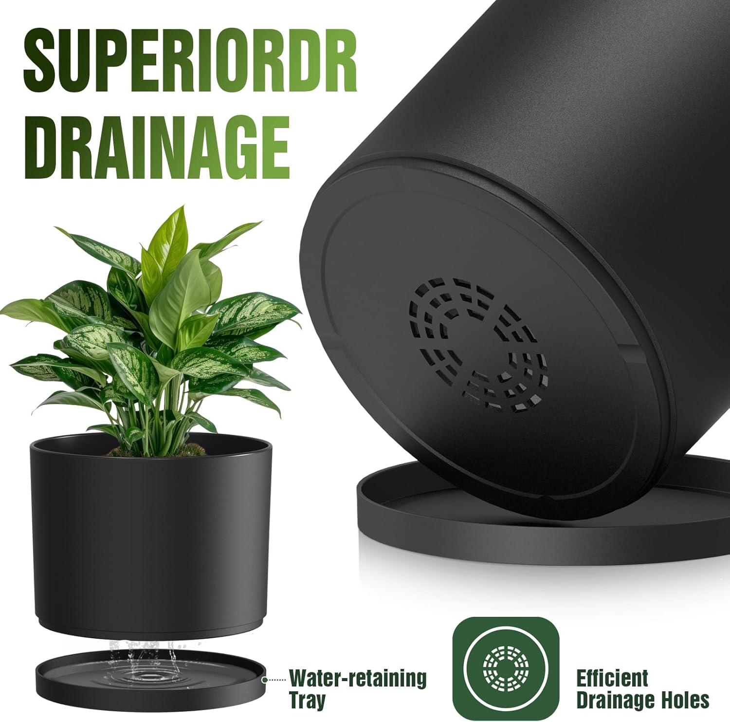 10/9/8 Inch Plastic Plant Pots Set of 3 with Saucers & Drainage Holes | Modern Cylindrical Planters with Matte Surface, Lightweight Durable Containers for Indoor and Outdoor Plants