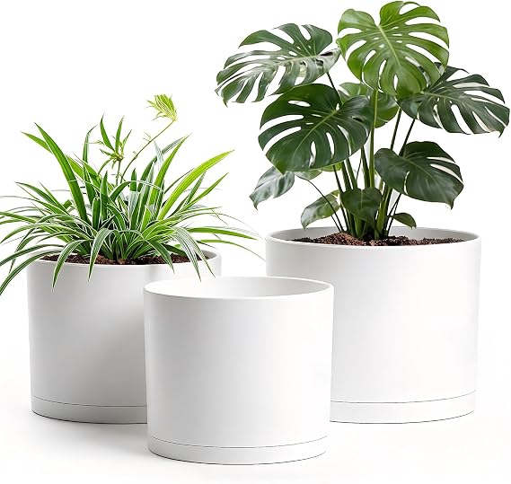 10/9/8 Inch Plastic Plant Pots Set of 3 with Saucers & Drainage Holes | Modern Cylindrical Planters with Matte Surface, Lightweight Durable Containers for Indoor and Outdoor Plants