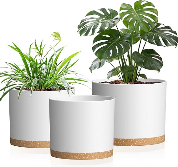 10/9/8 Inch Plastic Plant Pots Set of 3 with Saucers & Drainage Holes | Modern Cylindrical Planters with Matte Surface, Lightweight Durable Containers for Indoor and Outdoor Plants