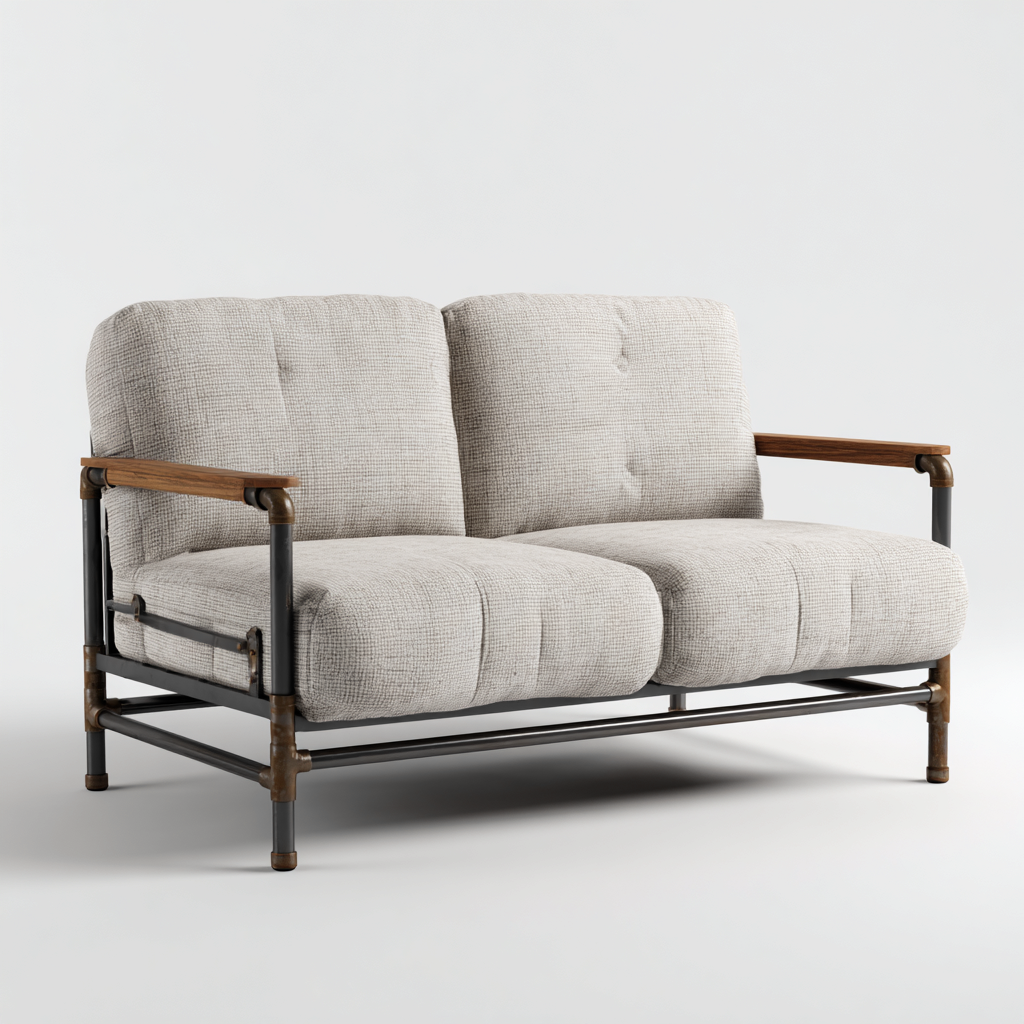 Canapé d'extérieur 2 places avec structure en métal et accoudoirs bois - coussins gris - 150x80x85 cm - style industriel moderne-Warmthza