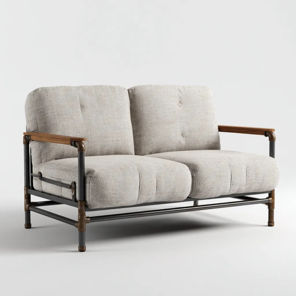 Canapé d'extérieur 2 places avec structure en métal et accoudoirs bois - coussins gris - 150x80x85 cm - style industriel moderne-Warmthza