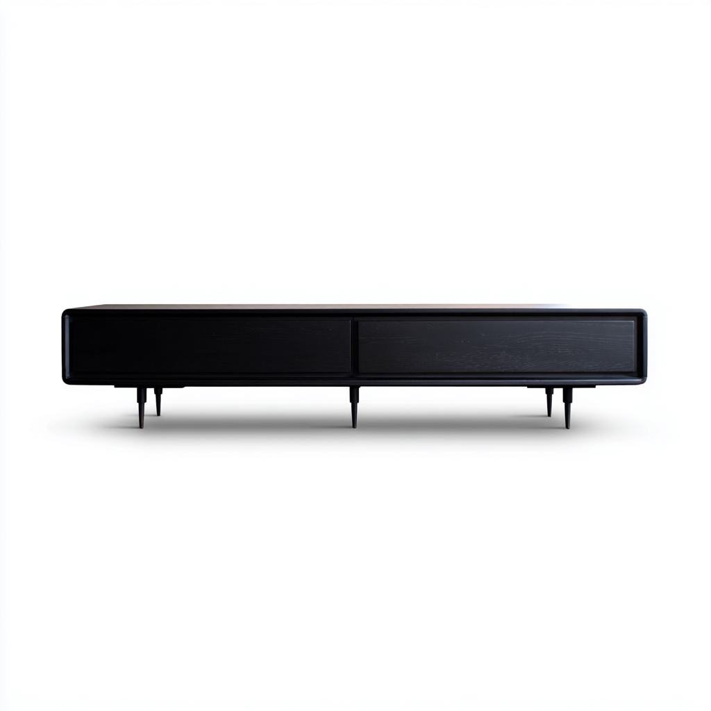 Meuble TV noir 180x45x40 cm - bois massif - avec 2 tiroirs - style moderne minimaliste-Warmthza