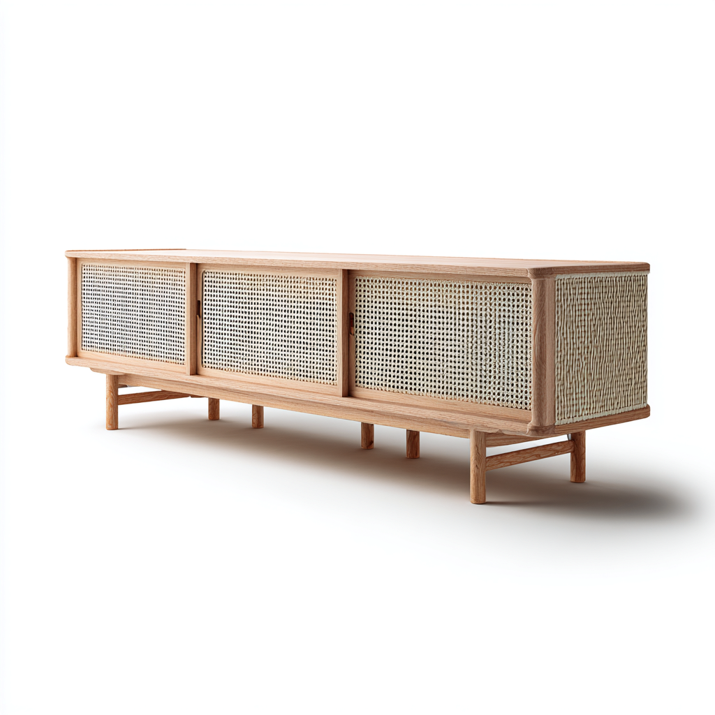 Meuble TV 180x40x55 cm - bois de chêne et cannage - design scandinave avec portes coulissantes-Warmthza
