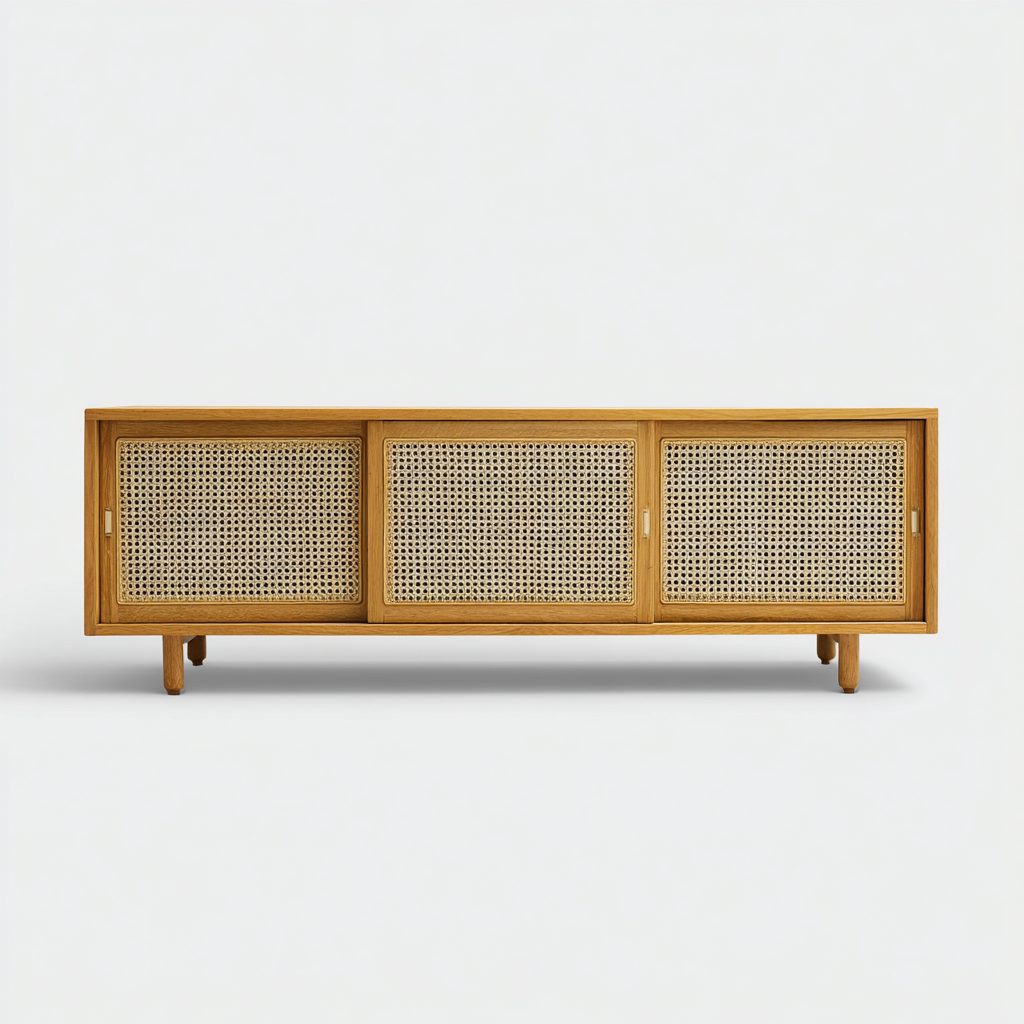 Meuble TV 180x45x65 cm - bois naturel et rotin - 3 portes coulissantes - style bohème-Warmthza