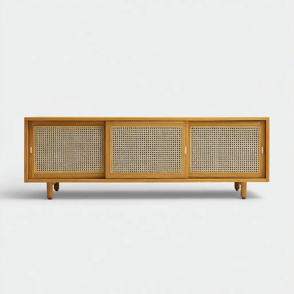 Meuble TV 180x45x65 cm - bois naturel et rotin - 3 portes coulissantes - style bohème-Warmthza