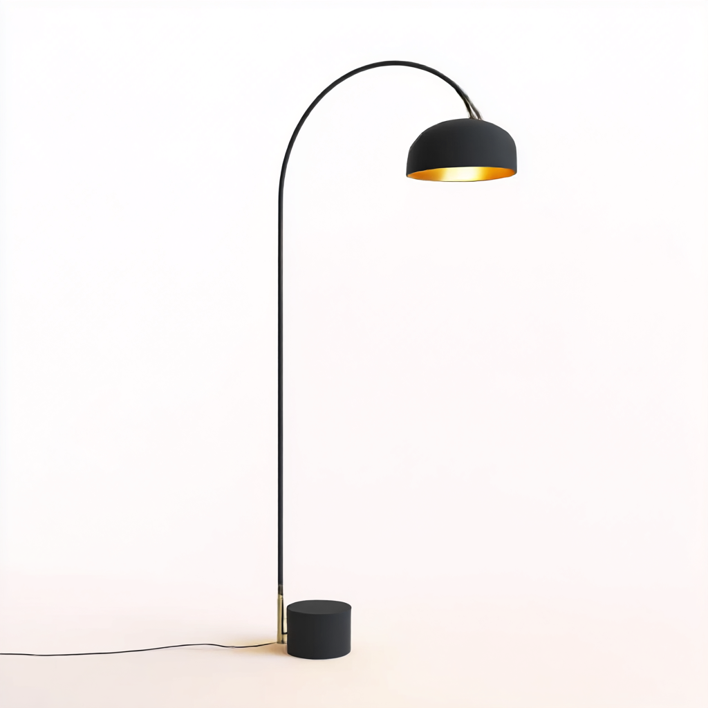 Lampadaire arc en métal noir 170x36 cm - abat-jour hémisphérique doré intérieur - style moderne-Warmthza