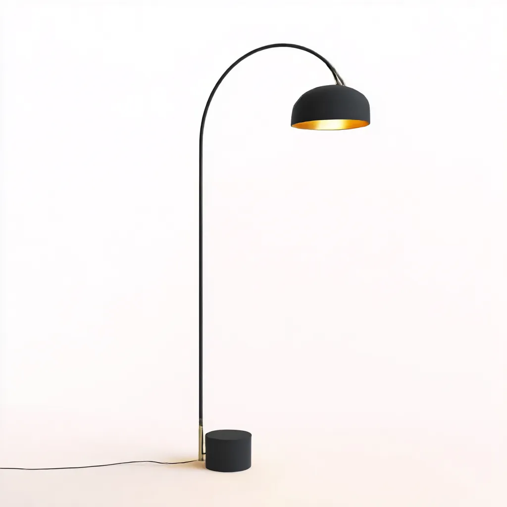 Lampadaire arc en métal noir 170x36 cm - abat-jour hémisphérique doré intérieur - style moderne-Warmthza