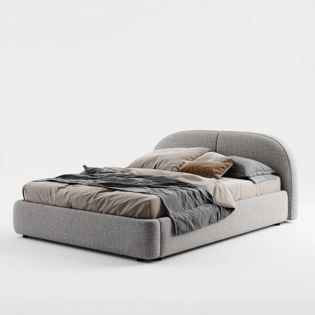 Lit double 160x200 cm - tissu gris clair - tête de lit arrondie rembourrée - design contemporain-Warmthza