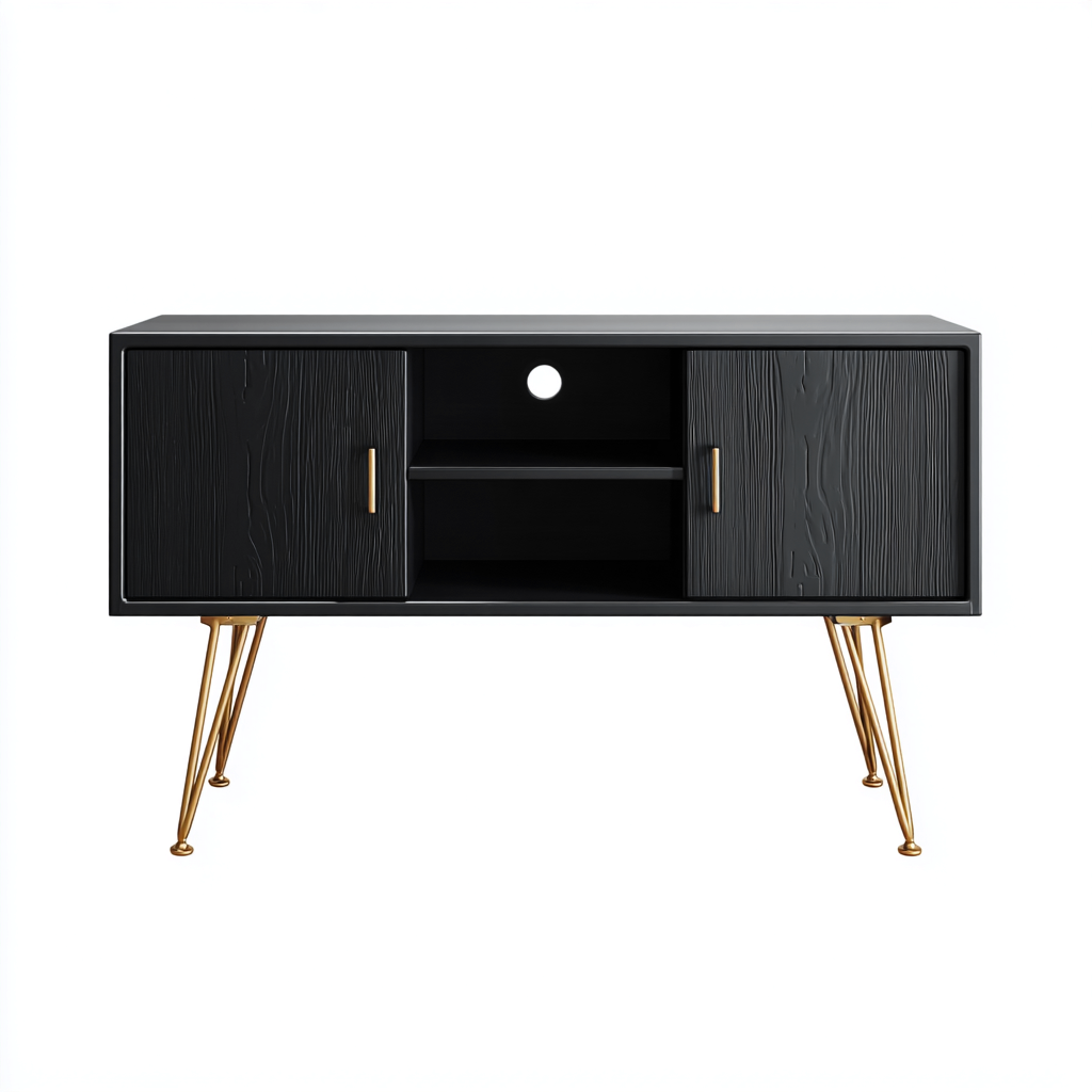 Meuble TV 120x40x60 cm - bois noir - 2 portes + 1 niche centrale - pieds métal doré - style moderne-Warmthza