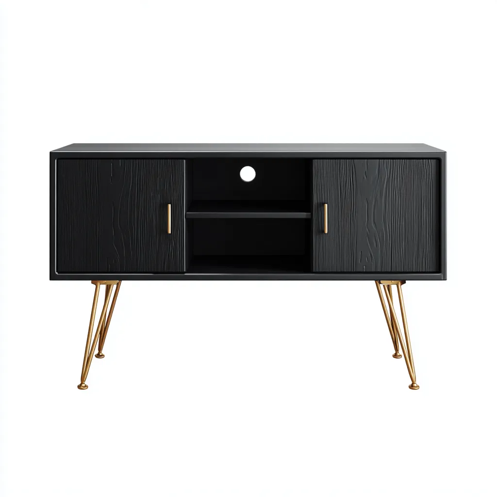 Meuble TV 120x40x60 cm - bois noir - 2 portes + 1 niche centrale - pieds métal doré - style moderne-Warmthza