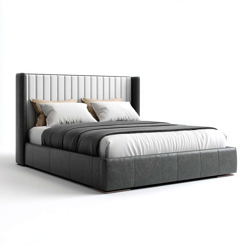 Lit double 160x200 cm - simili cuir gris foncé et tête de lit rembourrée blanche - style contemporain-Warmthza