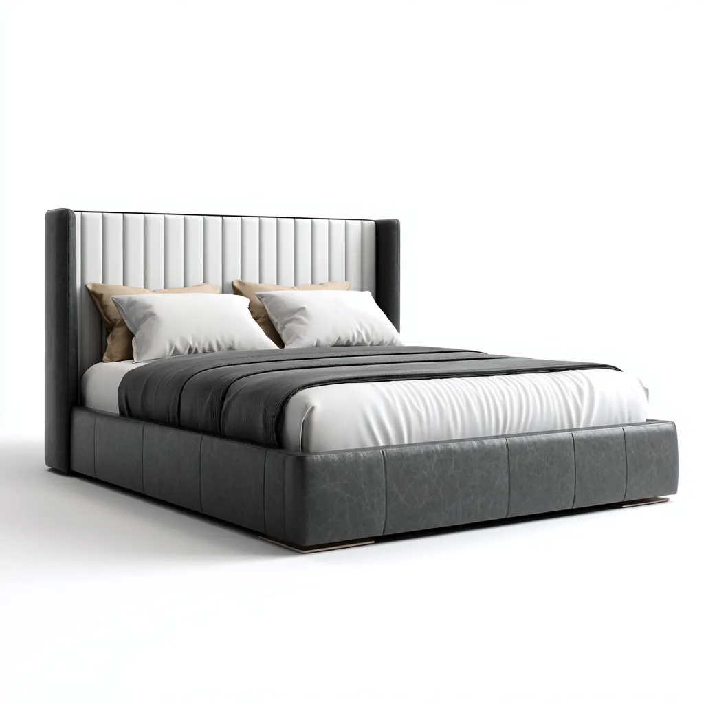 Lit double 160x200 cm - simili cuir gris foncé et tête de lit rembourrée blanche - style contemporain-Warmthza