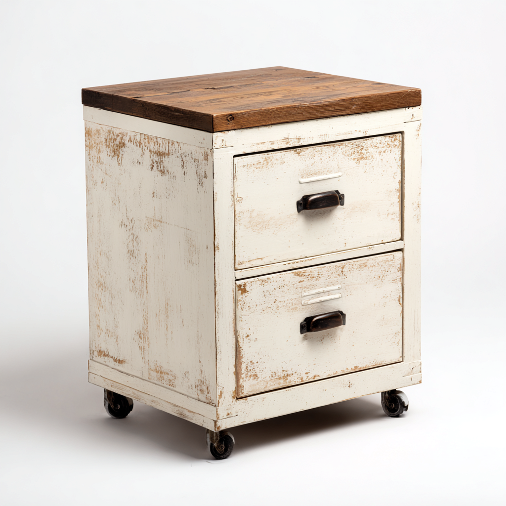 Caisson de bureau en bois vieilli 58x42x42 cm - style rustique - 2 tiroirs de rangement à roulettes-Warmthza