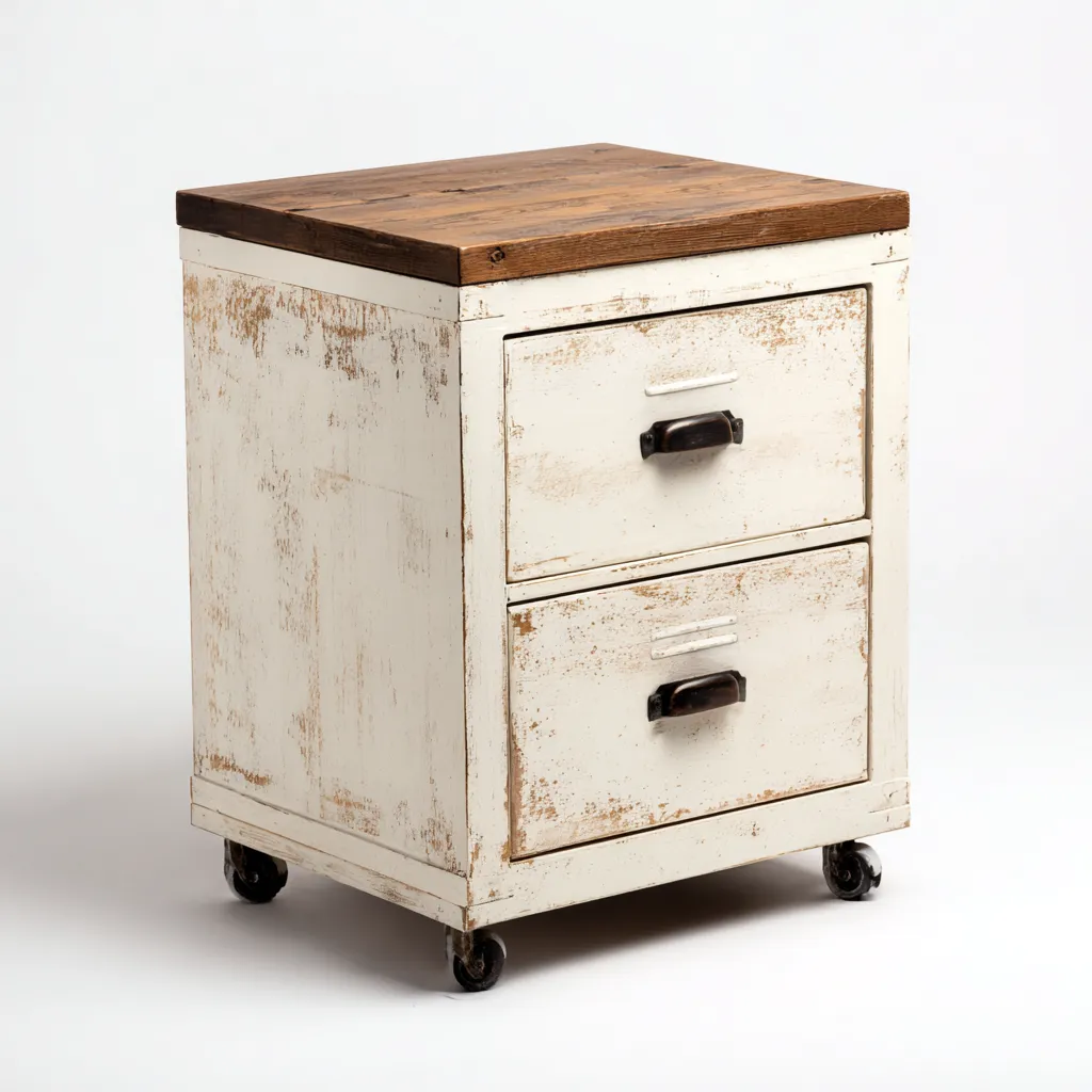 Caisson de bureau en bois vieilli 58x42x42 cm - style rustique - 2 tiroirs de rangement à roulettes-Warmthza