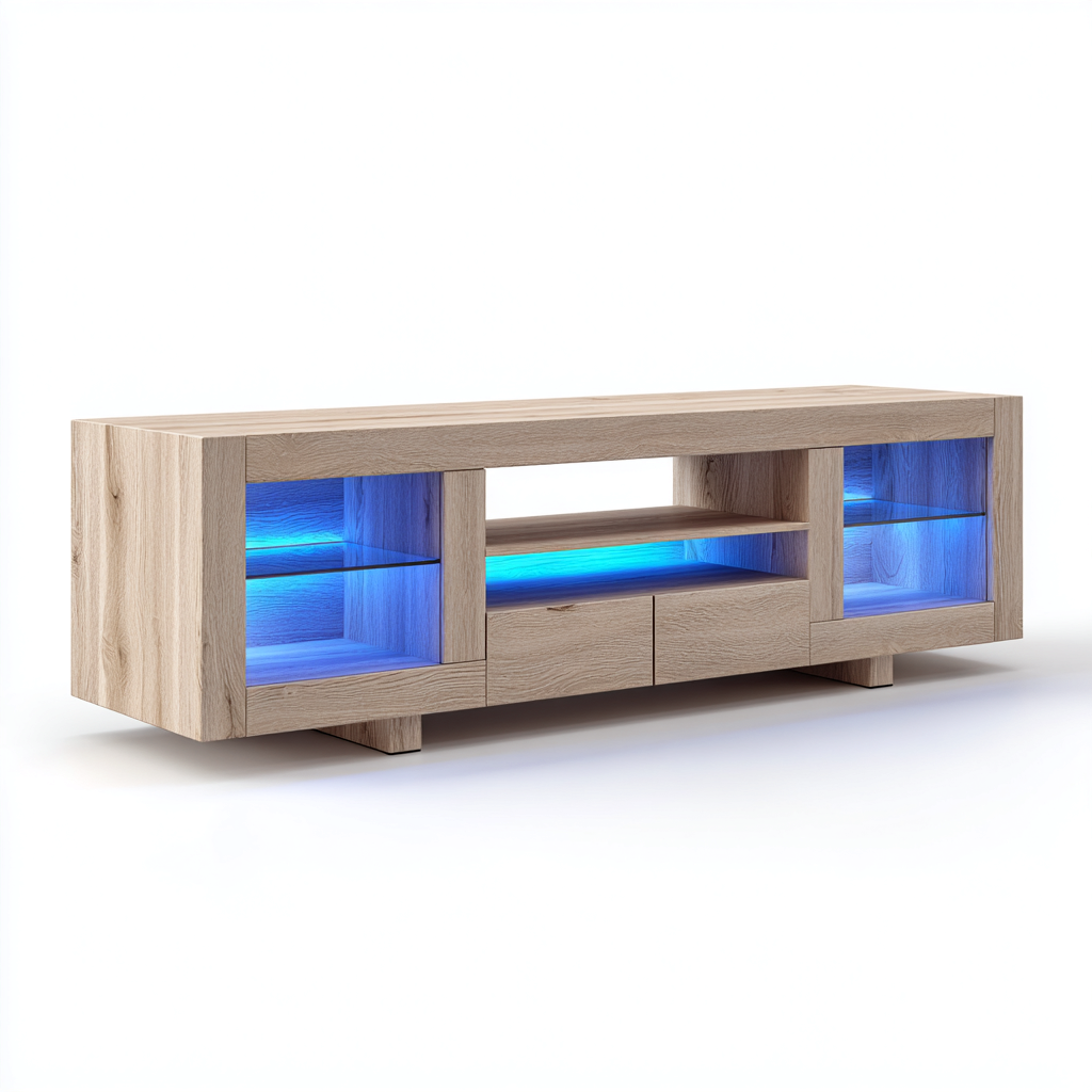 Meuble TV 180x40x60 cm - bois clair avec LED bleues - 2 tiroirs et étagères vitrées - design moderne-Warmthza