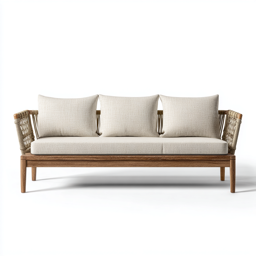 Canapé d'extérieur 3 places en bois et corde tressée avec coussins blancs - 185x80x85 cm - style moderne extérieur-Warmthza