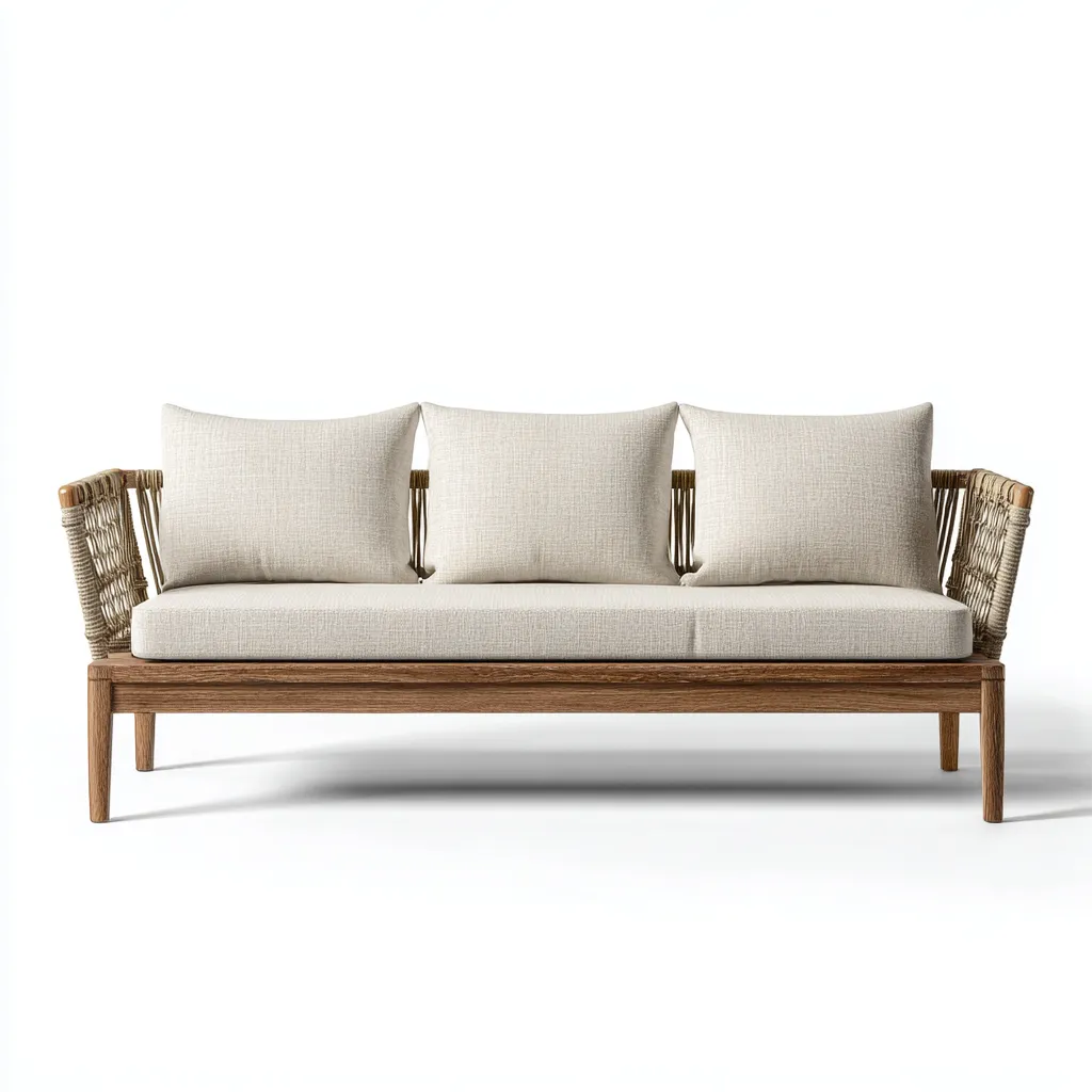 Canapé d'extérieur 3 places en bois et corde tressée avec coussins blancs - 185x80x85 cm - style moderne extérieur-Warmthza