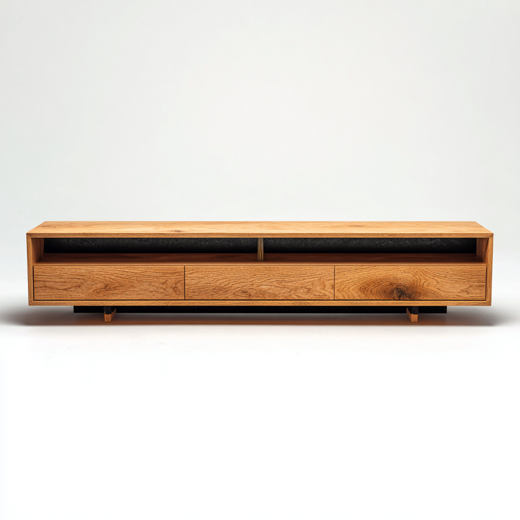 Meuble TV 180x40x45 cm - chêne clair - 3 tiroirs + 2 niches ouvertes - style contemporain-Warmthza
