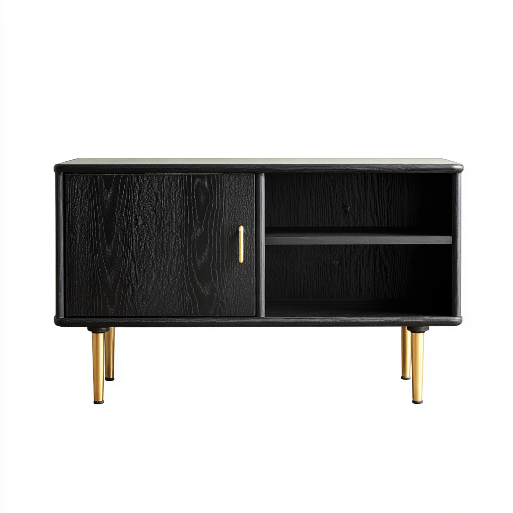 Meuble TV 100x40x60 cm - bois noir avec porte et étagères - pieds dorés modernes-Warmthza