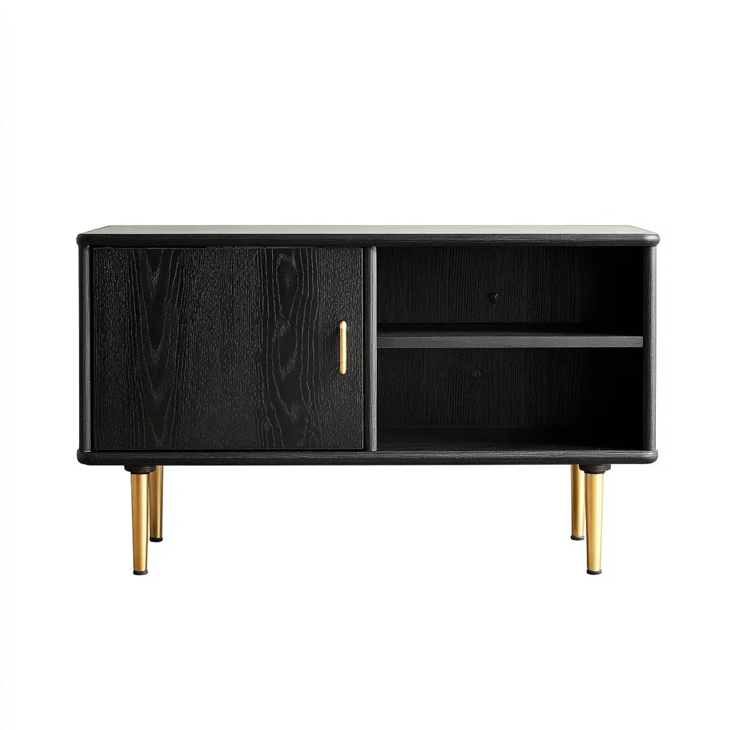 Meuble TV 100x40x60 cm - bois noir avec porte et étagères - pieds dorés modernes-Warmthza