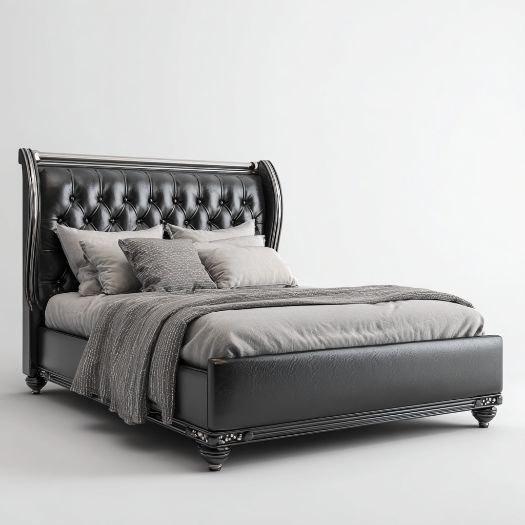 Lit double 160x200 cm - cuir noir capitonné avec détails métalliques - style classique baroque-Warmthza