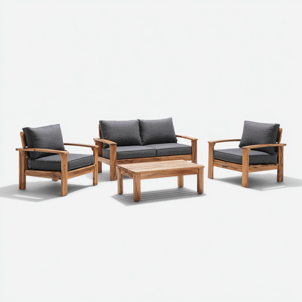 Ensemble de canapés d'extérieur 4 pièces en bois avec coussins gris foncé et table basse - 2 fauteuils + 1 canapé 2 places + 1 table - 220x80x85 cm - style moderne-Warmthza