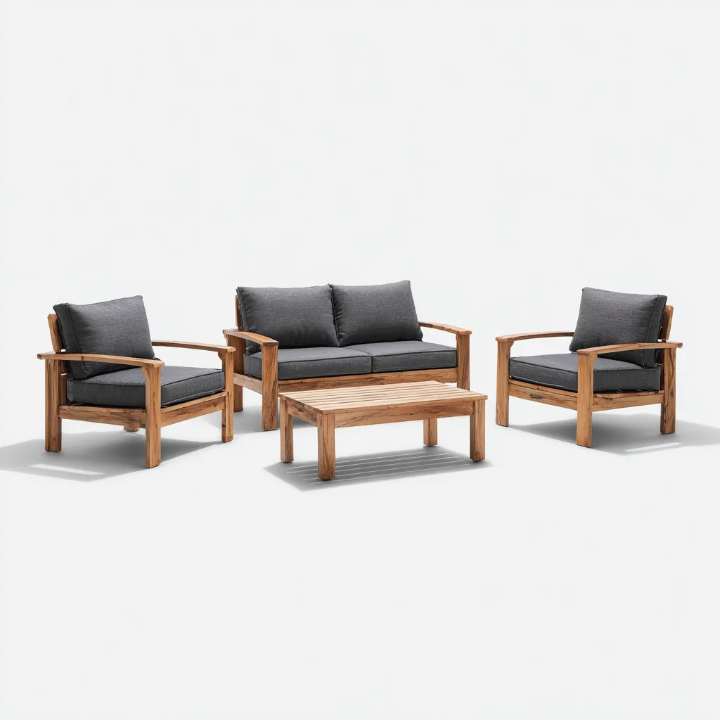 Ensemble de canapés d'extérieur 4 pièces en bois avec coussins gris foncé et table basse - 2 fauteuils + 1 canapé 2 places + 1 table - 220x80x85 cm - style moderne-Warmthza