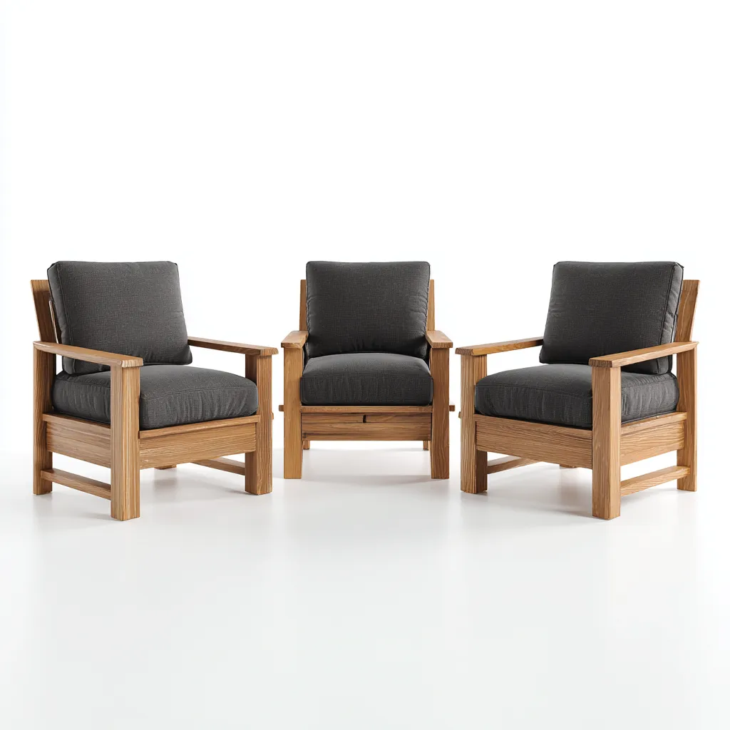 Ensemble de 3 fauteuils d'extérieur en bois avec coussins 75x80x85 cm - bois naturel-gris foncé - style moderne-Warmthza
