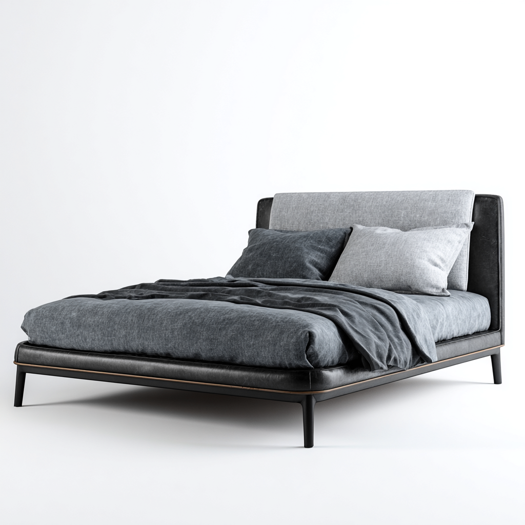 Lit double 160x200 cm - cuir noir et tissu gris - structure métal-Warmthza