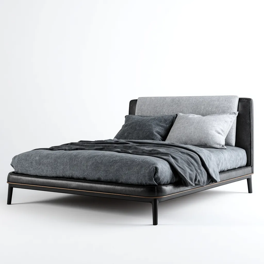 Lit double 160x200 cm - cuir noir et tissu gris - structure métal-Warmthza