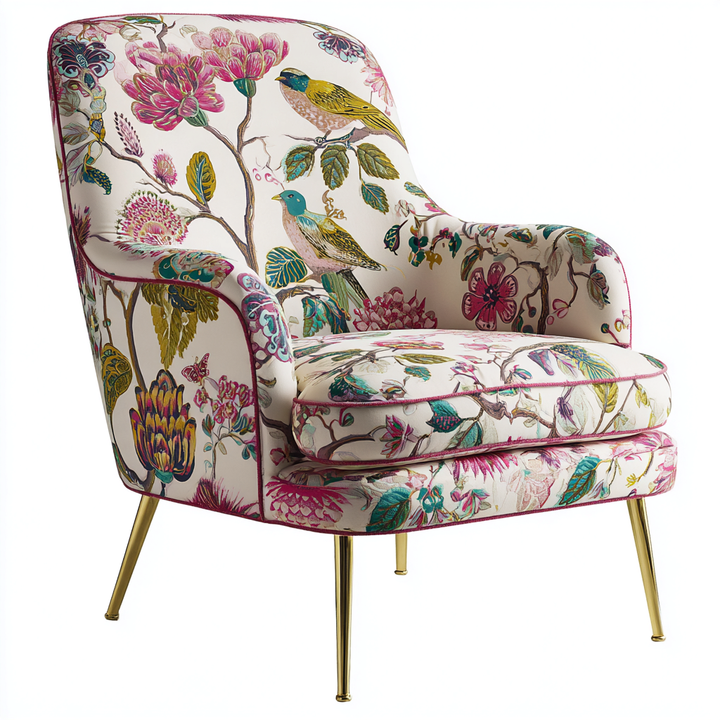 Fauteuil - 78x82x95 cm - tissu multicolore motif floral-oiseaux - pieds en métal doré-Warmthza