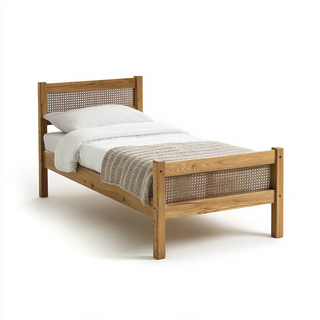 Lit simple en bois massif et rotin 200x100 cm - tête et pied de lit tressés - style naturel-Warmthza