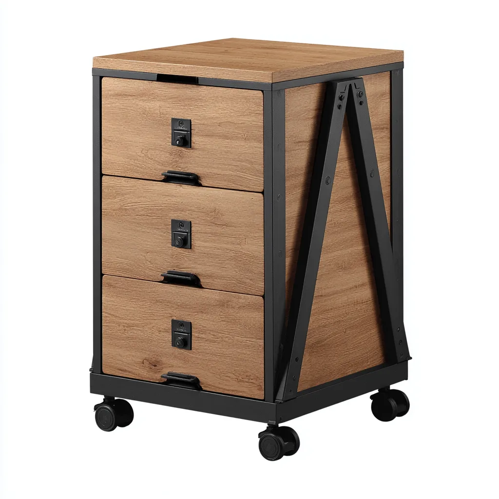 Caisson de bureau à roulettes 3 tiroirs 40x45x65 cm - chêne- noir - structure métallique industrielle-Warmthza