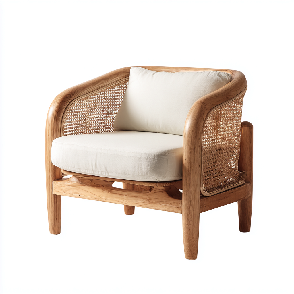 Fauteuil d'extérieur en bois et rotin avec coussins 78x80x85 cm - bois naturel-blanc - style moderne-Warmthza