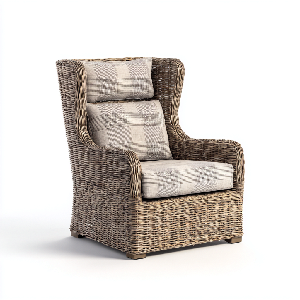 Fauteuil d'extérieur en rotin avec coussins à carreaux gris et blanc - haut dossier - 80x85x105 cm - style rustique moderne-Warmthza