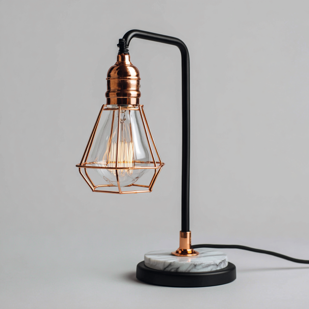 Lampe de bureau en métal noir et cuivre avec base en marbre blanc 38x18 cm - style industriel-Warmthza