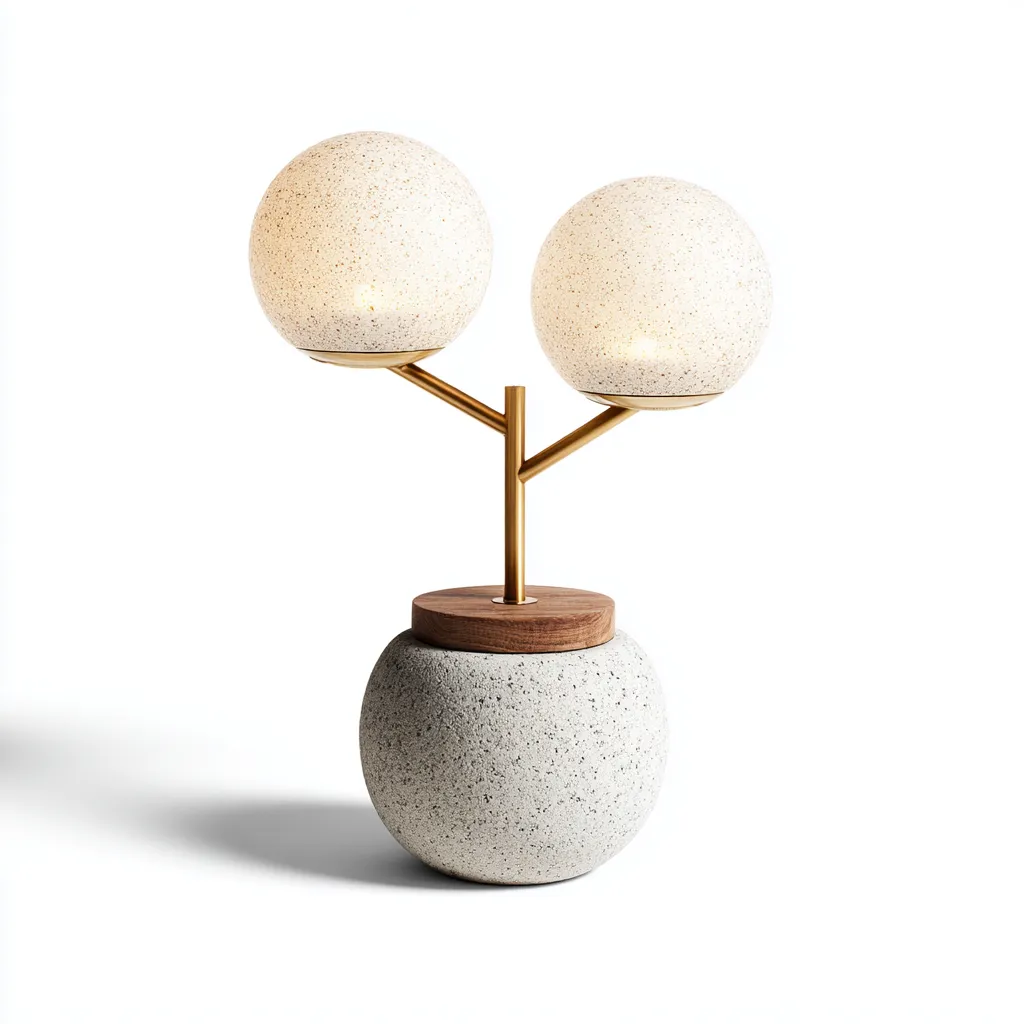 Lampe de table en terrazzo et laiton - base ronde en pierre 40x25 cm - abat-jour sphérique en verre - style moderne-Warmthza