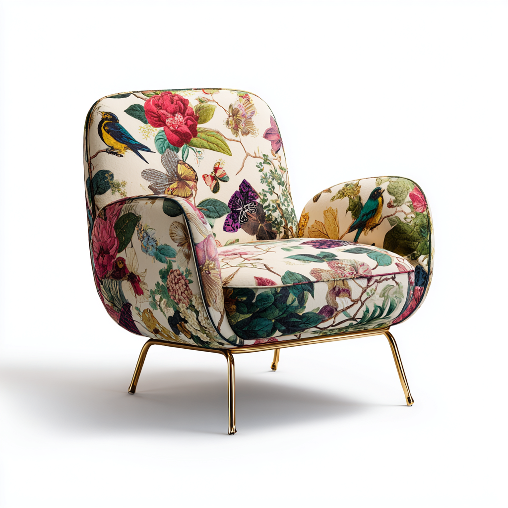 Fauteuil en tissu imprimé floral avec pieds dorés 82x78x95 cm - multicolore - style vintage-Warmthza
