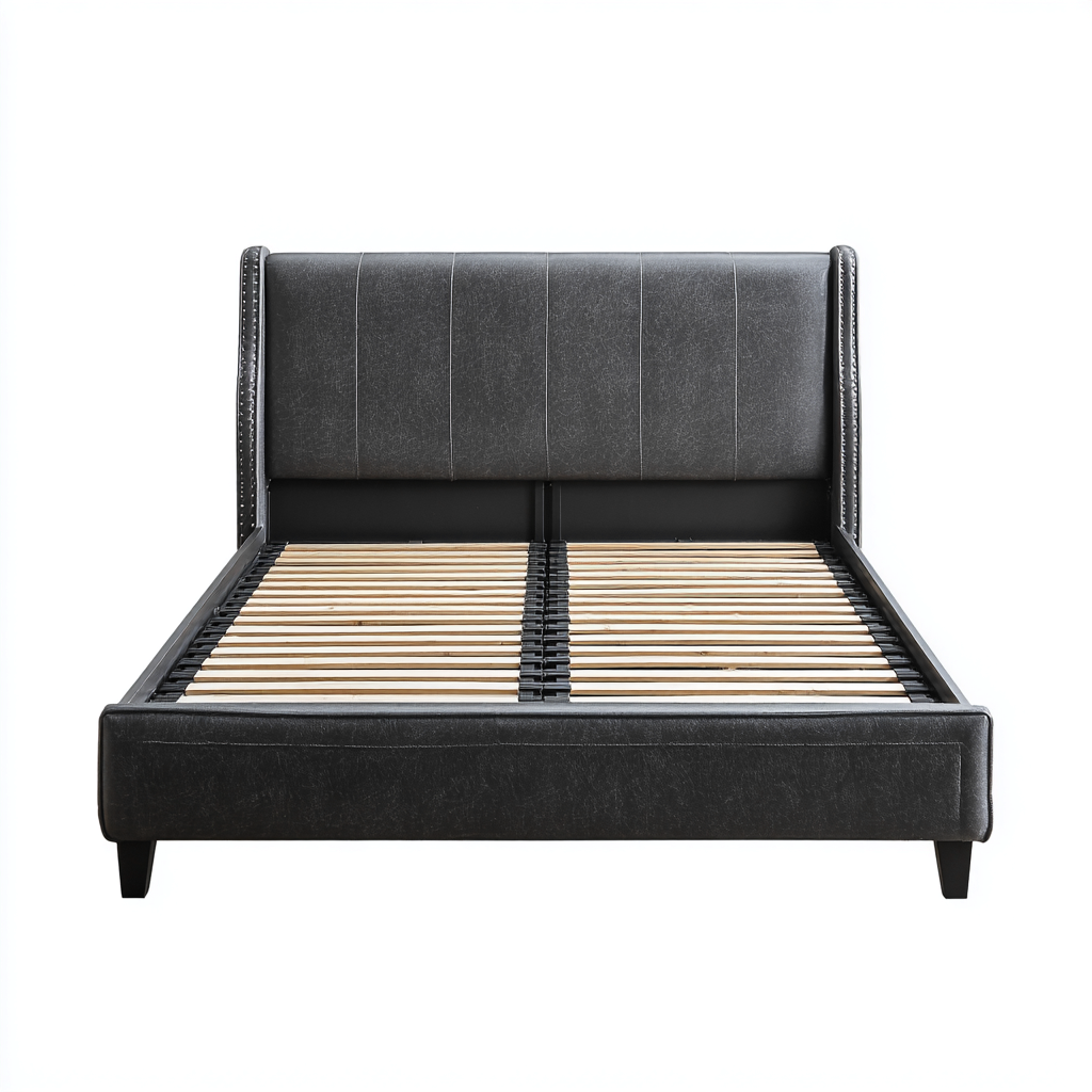 Lit double en cuir gris foncé 200x160 cm - tête de lit rembourrée - avec lattes en bois-Warmthza