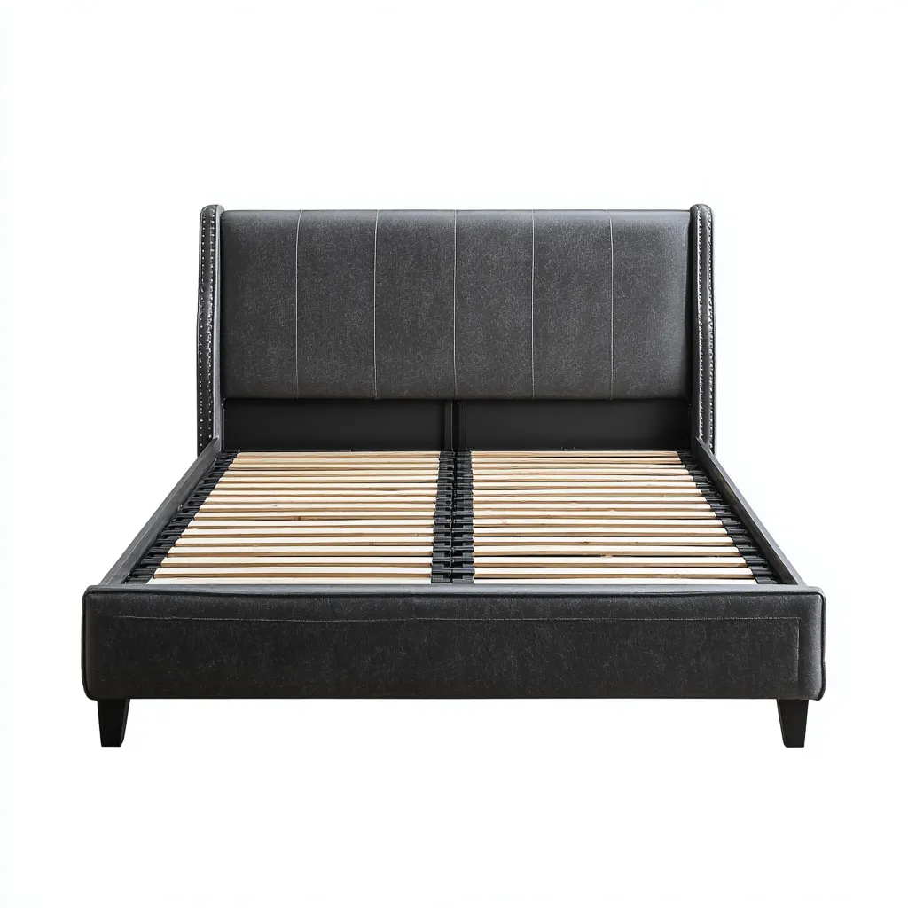 Lit double en cuir gris foncé 200x160 cm - tête de lit rembourrée - avec lattes en bois-Warmthza